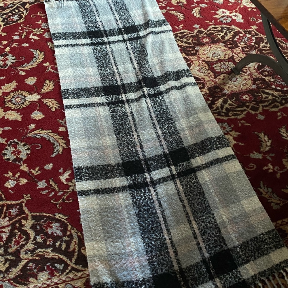 Classic Black and White Plaid Fringe Scarf - Women